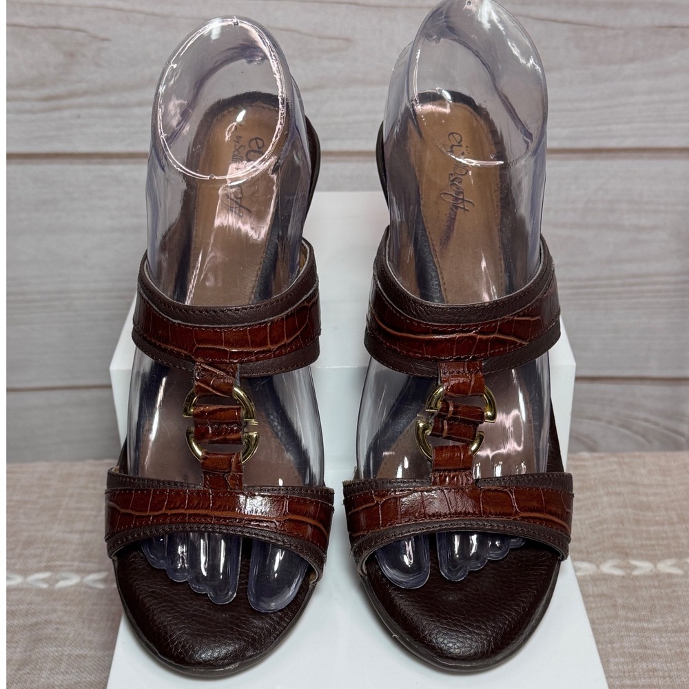 Eurosoft by Sofft Brown Leather Croc Embossed Heeled Slide Sandals 8M 3101250‎